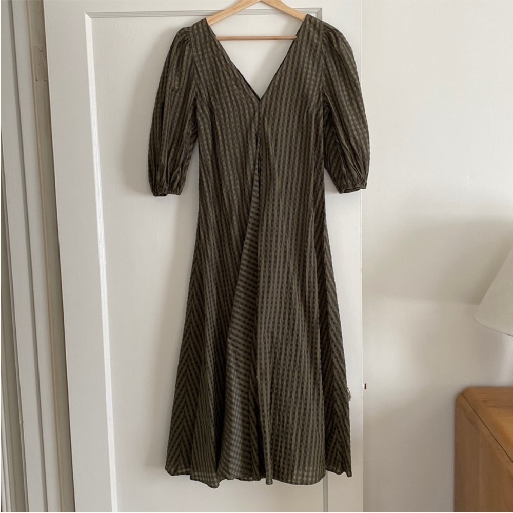 Ganni black and green checkered gingham seersucker dress 42